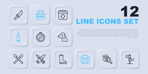 Set line Paw search, Road traffic sign, Compass, Hiking backpack, Bullet, Crossed bullet with arrow, Ammunition box and Waterproof rubber boot icon. Vector