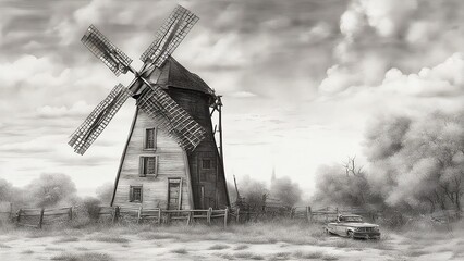 old windmill in the countryside, pencil sketch