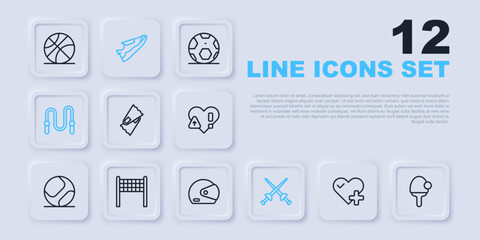Set line Heart rate, Racket, Flippers for swimming, Fencing, Jump rope, Volleyball net, Fitness sneakers shoes and Racing helmet icon. Vector