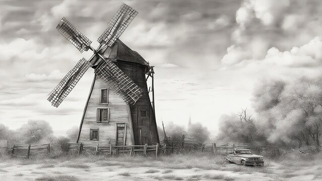 old windmill in the countryside, pencil sketch
