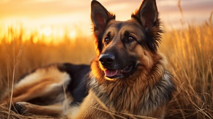 Amazing portrait of young crossbreed dog (german shepherd) during sunset in grass