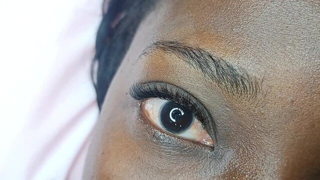 Close up of eye with eyelash extensions ,beauty salon treatment ,2d volume, 3d volume, classical lashes,Russian volume,megavolume, new set