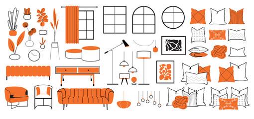 Furniture vector illustration set. Cartoon flat furnishings design with sofa armchair, lamp, table, house plants. Designer trendy items for home apartment or office interior decor isolated on white