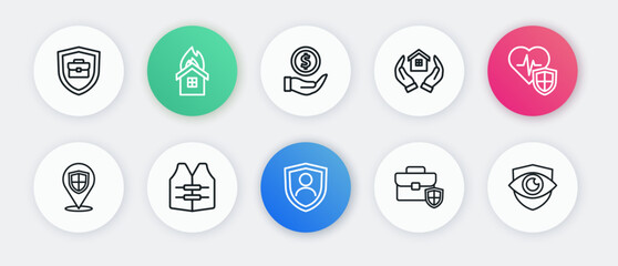 Set line Life insurance with shield, Location, Briefcase, House hand, Money, Shield eye and jacket icon. Vector