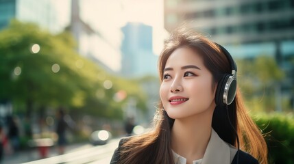 Asian business woman looking sideways while waiting for a cab in the morning. Happy young woman listening to music with earphones in the city. This photo has intentional use of 35mm film grain