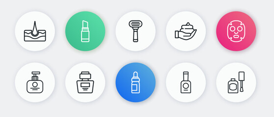 Set line Essential oil bottle, Facial cosmetic mask, Tube of hand cream, Bottle nail polish, Shaving foam on, razor, and Perfume icon. Vector
