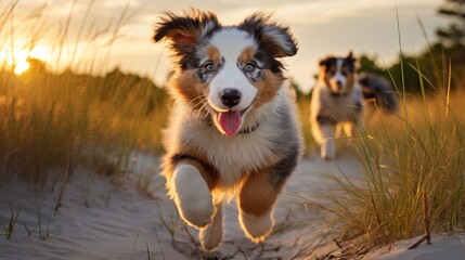 Australian shepherd puppy playing with owner and other dogs on the beach and in the grass