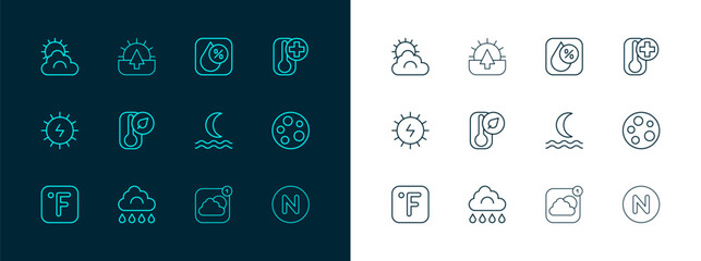 Set line Thermometer, Cloud with rain, Night fog or smoke, Weather forecast app, Water drop percentage, Sun and cloud weather and Sunrise icon. Vector