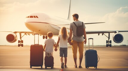 Back view of happy family standing near a large plane with two suitcases outdoor. Trip concept - obrazy, fototapety, plakaty