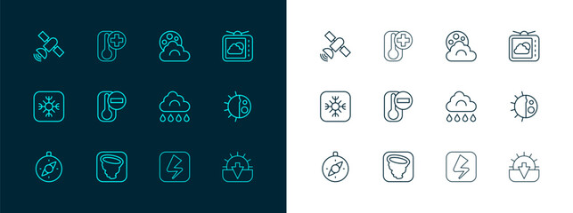 Set line Weather forecast, Tornado, Cloud with rain, Lightning bolt, Thermometer, moon, Satellite and icon. Vector