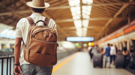 Backpack and hat at the train station with a traveler. Travel concept