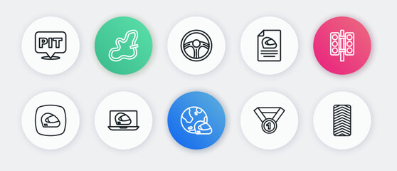 Set line Racing helmet, traffic light, Medal, steering wheel, Car tire and icon. Vector