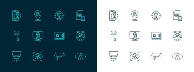 Set line Document and lock, Eye scan, Safe, Security camera, Lock, Mobile with closed padlock and icon. Vector