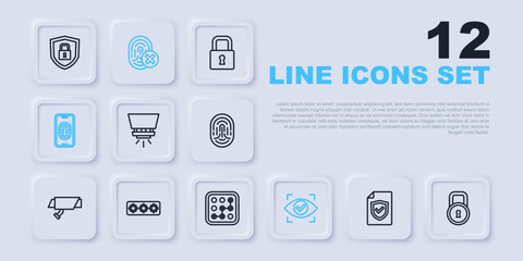 Set line Contract with shield, Lock, Fire sprinkler system, Eye scan, Mobile fingerprint scanner, Password protection, Cancelled and Graphic password icon. Vector