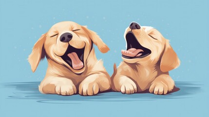 Banner two smiling dogs with happy expression. and closed eyes. Isolated on blue colored background