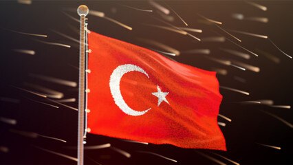 The flag of Turkey flutters in the gentle wind, the camera flies around it. sunny day.