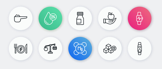 Set line Magnesium, Smart watch with heart, Vegan food diet, No sugar free, Apple, Vitamins, and Calorie calculator icon. Vector