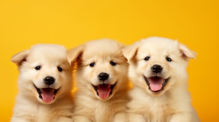 Banner three happy puppy dogs smiling on isolated yellow background