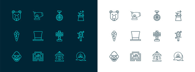 Set line Magician hat, Casino win, Attraction carousel, Cylinder, Unicycle, Bear head and Cannon icon. Vector © Iryna