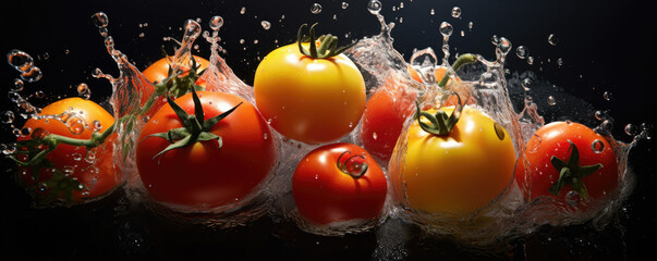 Photo of red and yelow tomatoes in splashes of water. generative ai