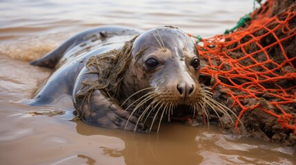 A Dark Seal at Horsey Shoreline in Norfolk Britain appallingly caught in a segment of angling net an annoying location that was detailed to nearby creature welfare