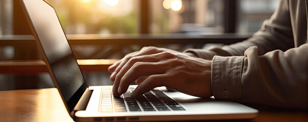 Closely. The hands of a businessman type on the laptop keyboard. generative ai