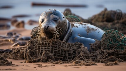 A Dark Seal at Horsey Shoreline in Norfolk Britain appallingly caught in a segment of angling net an annoying location that was detailed to nearby creature welfare - obrazy, fototapety, plakaty