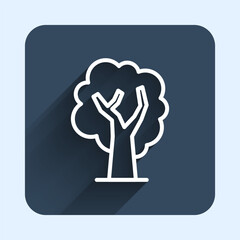 White line Tree icon isolated with long shadow background. Forest symbol. Blue square button. Vector