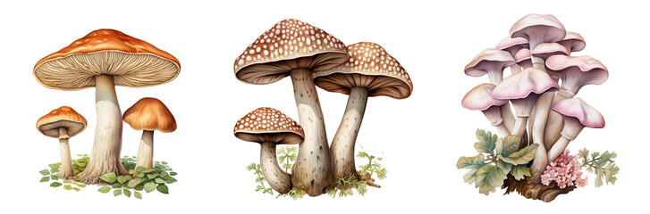  three mushrooms  png isolated on transparent background .