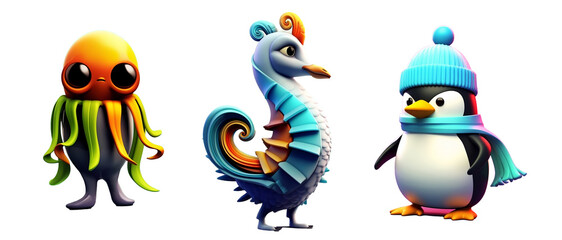 3D cartoon toy characters png isolated on transparent background .