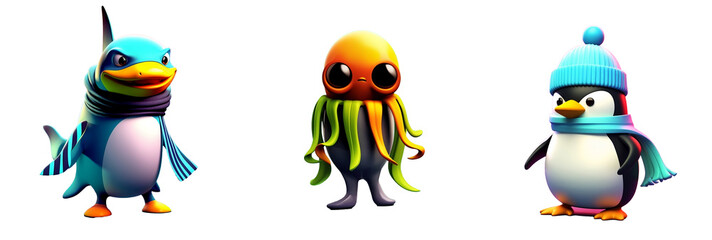 set of 3D cartoon toy characters png isolated on transparent background .