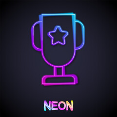 Glowing neon line Casino poker trophy cup icon isolated on black background. Vector