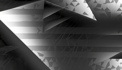 Black white abstract background. Geometric shape. Lines, triangles. 3d effect. Light, glow.