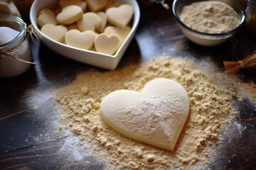 Fototapeta premium Raw heart-shaped dough and flour on wooden background, top view