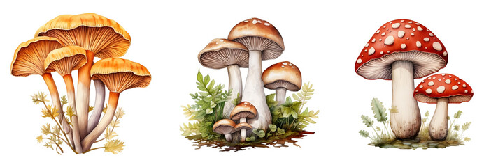 various mushrooms ,watercolor png isolated on transparent background .
