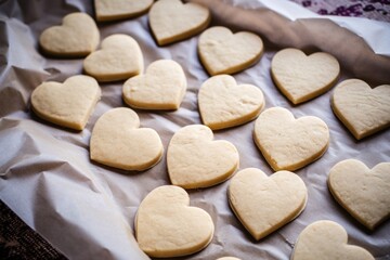 Fototapeta na wymiar Heart shaped cookies on baking parchment paper