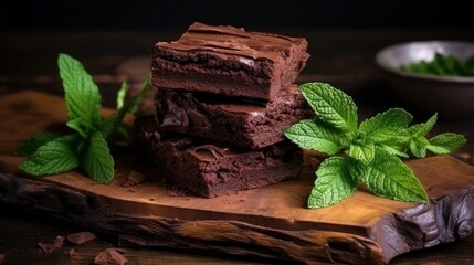 A stack of chocolate brownies on wooden foundation with mint leaf on beat custom made pastry kitchen and dessert