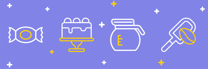 Set line Spatula with coffee grain, Coffee pot, Cake and Candy icon. Vector