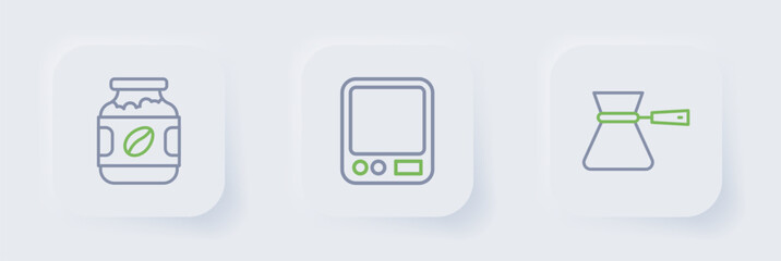 Set line Coffee turk, Electronic coffee scales and jar bottle icon. Vector