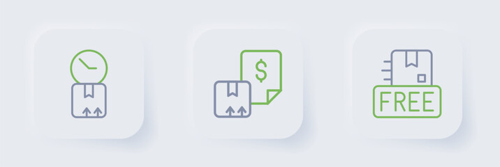 Set line Cardboard box with free symbol, Waybill and clock icon. Vector