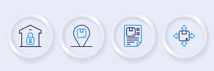 Set line Carton cardboard box, Waybill, Location with and Closed warehouse icon. Vector