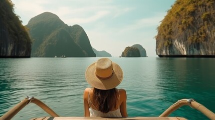 Back see of the youthful lady in straw cap unwinding on the pontoon and looking forward into tidal pond Voyaging visit in Asia El Nido Palawan Philippines - obrazy, fototapety, plakaty