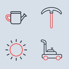 Set line Pickaxe, Sun, Lawn mower and Watering can icon. Vector