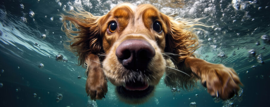 Dog underwater close-up. generative ai