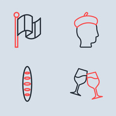 Set line French man, baguette bread, Wine glass and Flag Italy icon. Vector