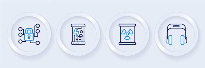 Set line Headphones, Radioactive waste in barrel, Cryogenic capsules and Cyber security icon. Vector