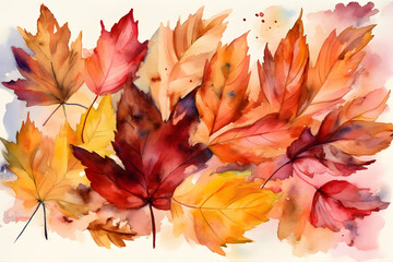 Fototapeta premium Autumn colors, colorful watercolor on white background paper. Created with generative AI