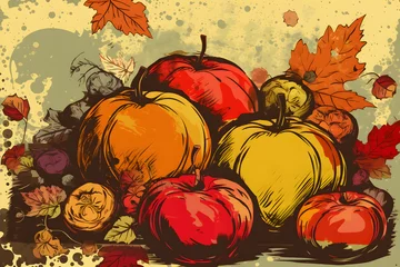 Poster Retro post-card in pop-art style featuring a autumn vegetal elements in warm colors. Generative AI © Mihai Zaharia