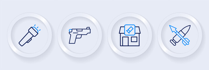Set line Crossed bullet with arrow, Hunting shop, Pistol or gun and Flashlight icon. Vector