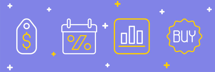 Set line Buy button, Pie chart infographic, Discount percent tag and Price with dollar icon. Vector